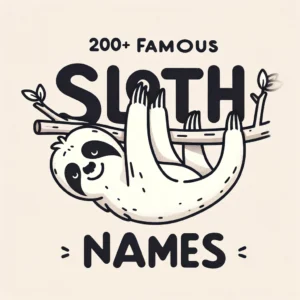Illustration of a cute, simple sloth hanging from a tree branch with the text '200+ Famous Sloth Names' prominently displayed above in a playful font, set against a light, soothing background color