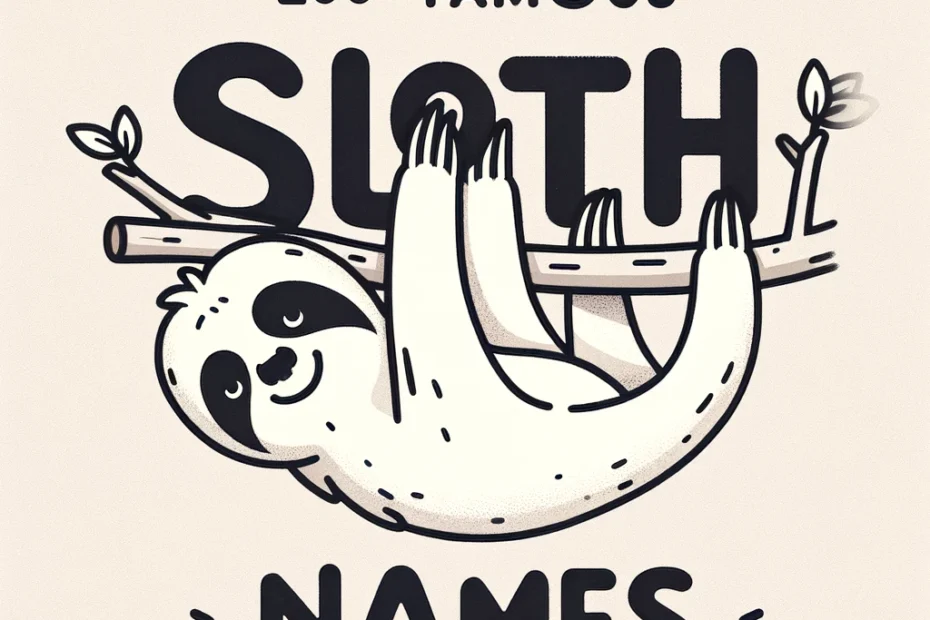 Illustration of a cute, simple sloth hanging from a tree branch with the text '200+ Famous Sloth Names' prominently displayed above in a playful font, set against a light, soothing background color