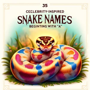 pet snake with the title '35 Celebrity-Inspired Snake Names Beginning with 'A'' elegantly displayed above, showcasing a Ball Python or Corn Snake in a natural setting.