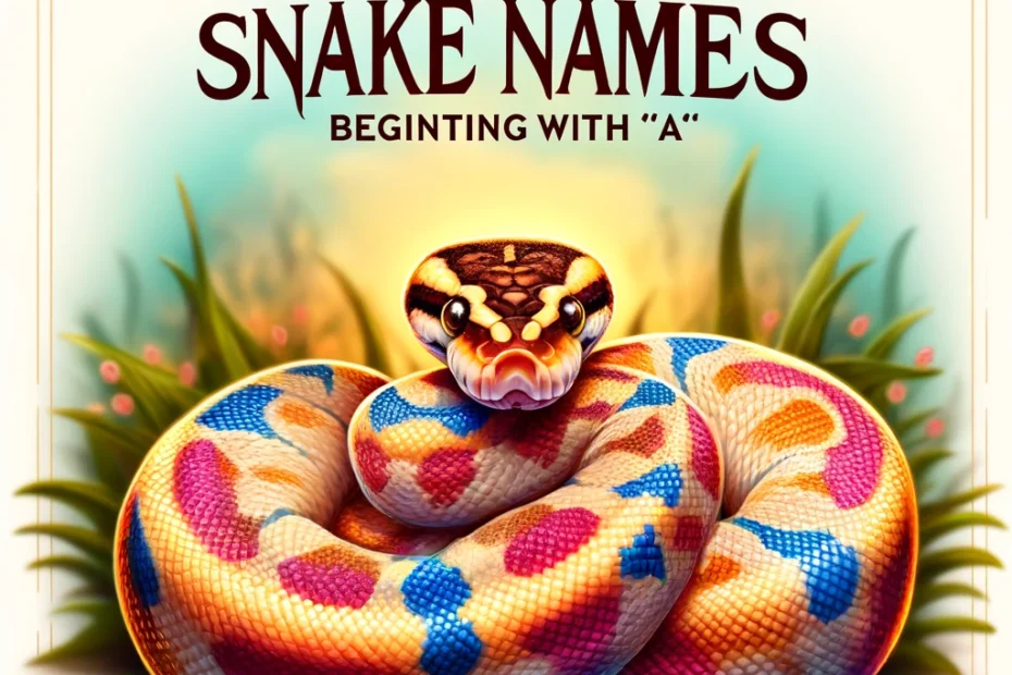 pet snake with the title '35 Celebrity-Inspired Snake Names Beginning with 'A'' elegantly displayed above, showcasing a Ball Python or Corn Snake in a natural setting.