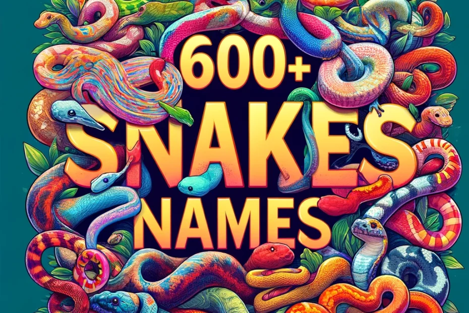'600+ Pet Snakes Names'. The image should visually represent a diverse array of snakes, showc