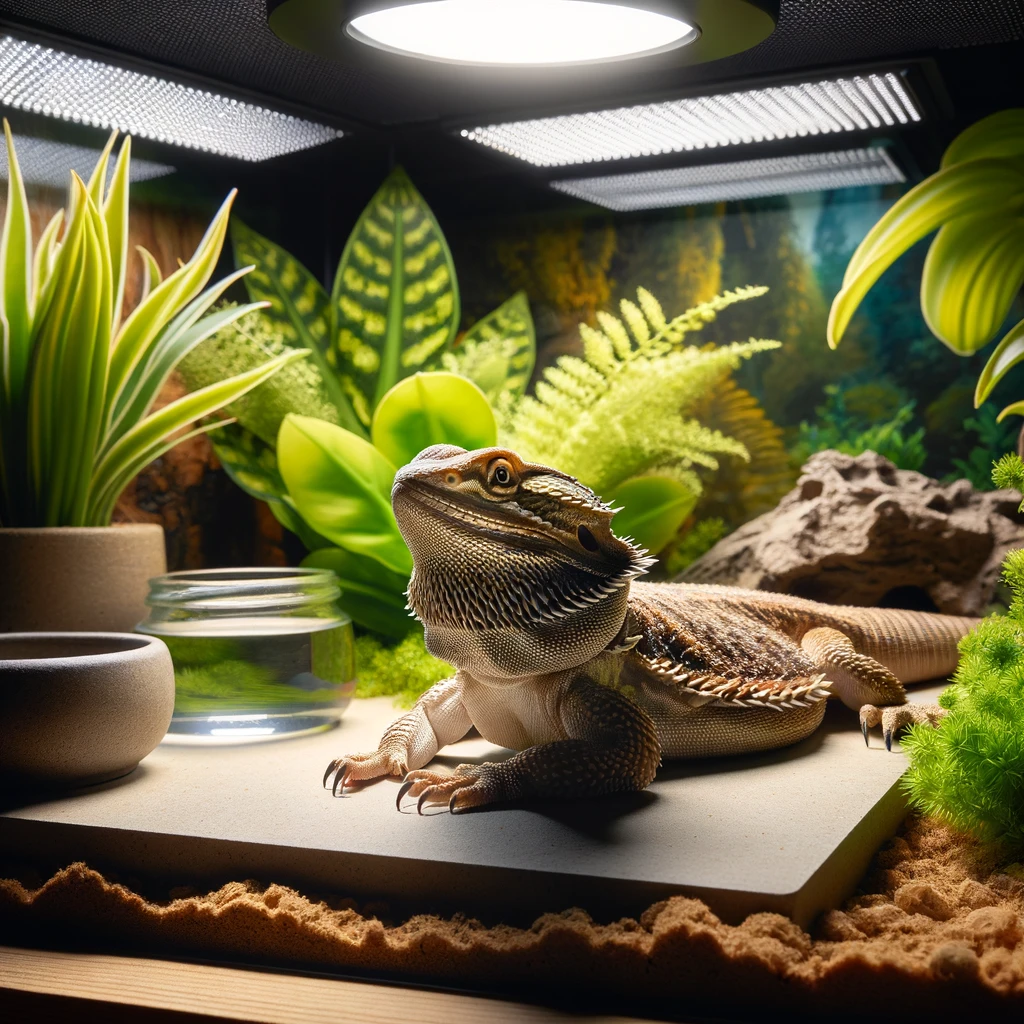 A bearded dragon lounging on a flat ceramic tile within a well-lit terrarium, surrounded by safe plants and a shallow water dish.