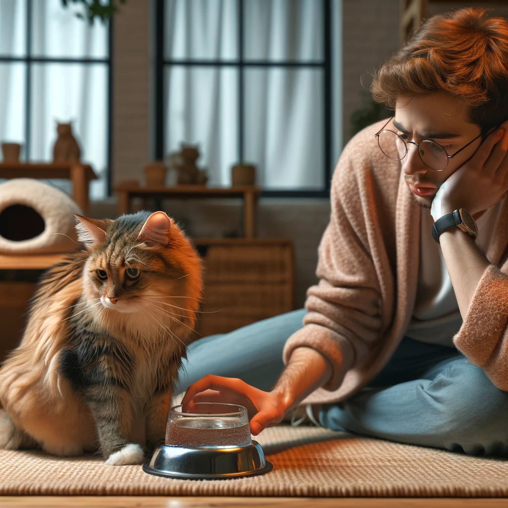 A concerned cat owner observes their cat, who is showing signs of dehydration such as lethargy and dry gums, while refusing to drink from a water bowl