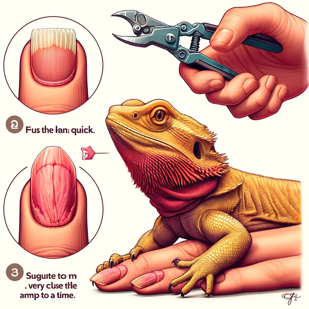 A detailed illustration showcasing the step-by-step guide for trimming a bearded dragon's nails, focusing on three key steps_ 1. A close-up