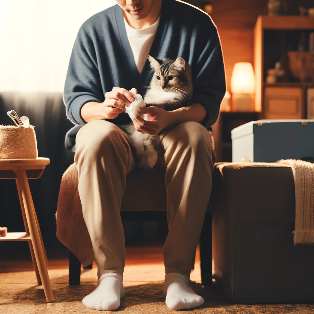 boy is palying with cat from his finger