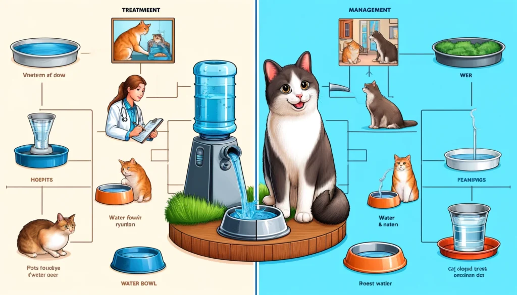 A visual comparison between two scenes divided by a vertical line. On the left side, illustrate the concept of treatment and management for a cat not 