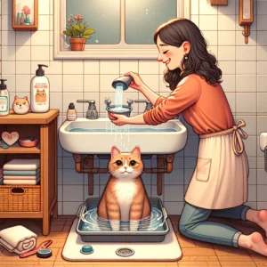 A-whimsical-yet-educational-illustration-depicting-the-process-of-giving-a-cat-a-bath-with-minimal-fuss.-The-scene-shows-a-serene-bathroom-setup-with-