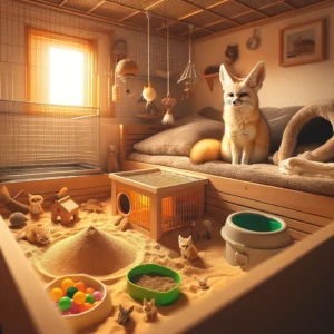 Cozy and clean indoor enclosure for a Fennec Fox with soft bedding, toys for enrichment, a sand area for digging, and a litter box.