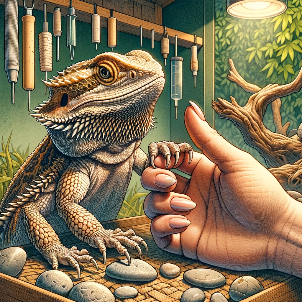 An illustration depicting the importance of nail care in bearded dragons, featuring a bearded dragon with well-maintained nails interacting gently 