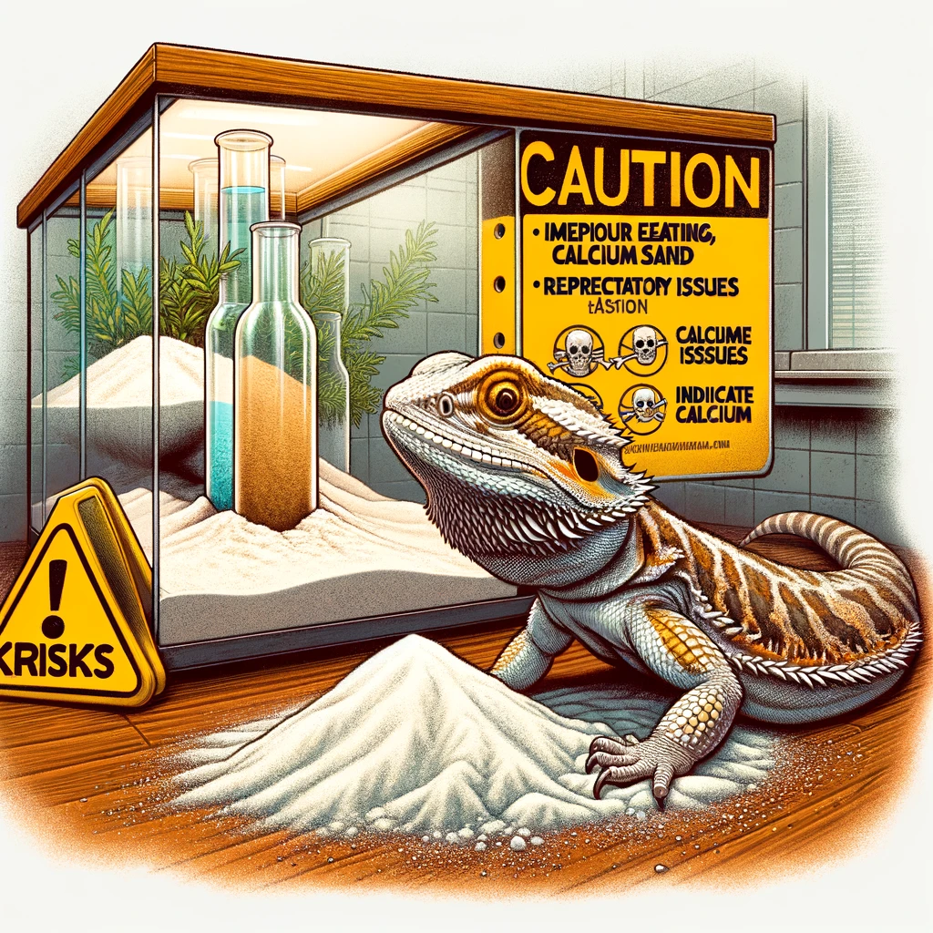 Here's an illustration that depicts the risks associated with bearded dragons eating calcium sand. It visually communicates the potential health hazards such as impaction, respiratory issues, and inadequate calcium absorption, highlighting the importance of choosing safer substrate alternatives for the well-being of these pets