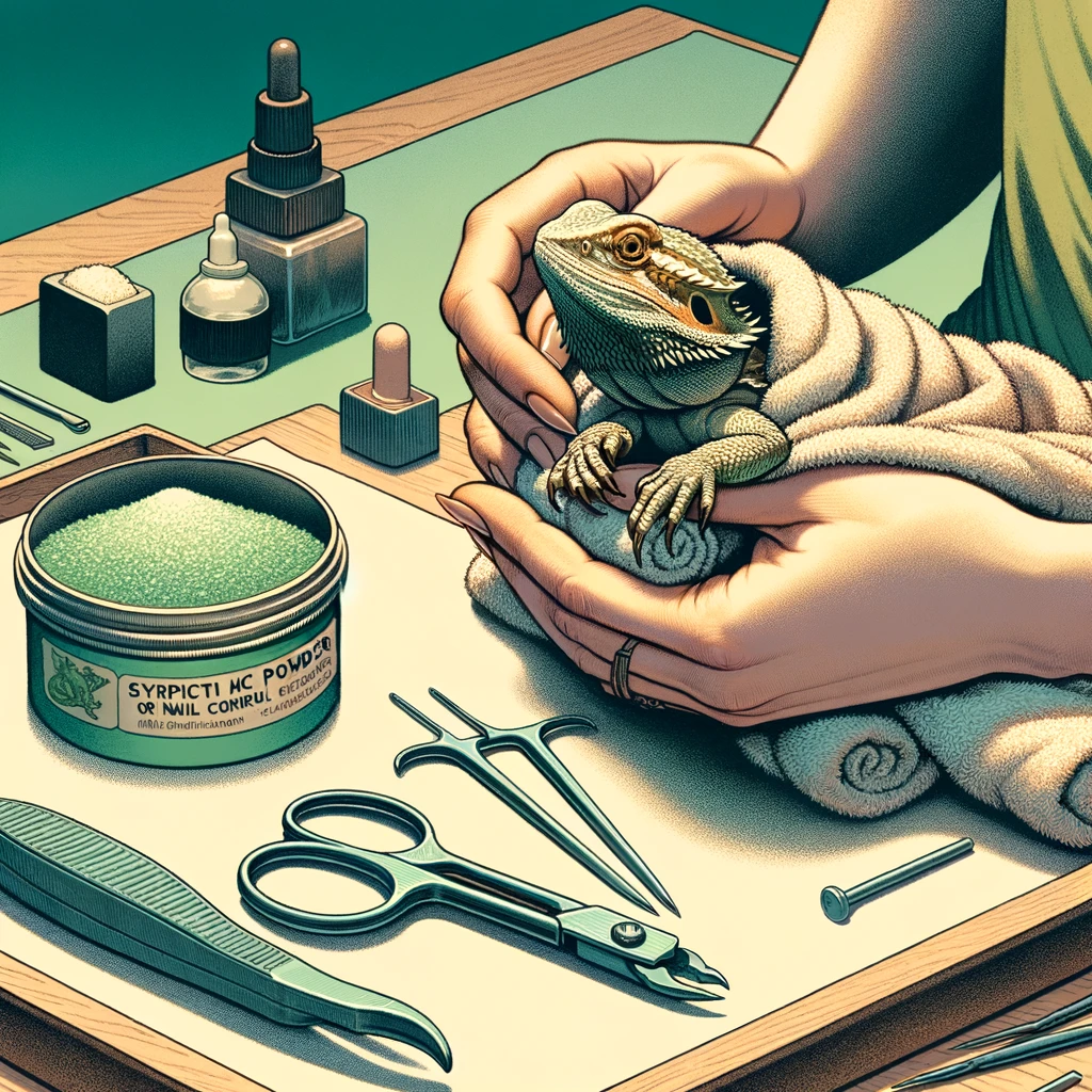 An illustration showing the preparation for trimming a bearded dragon's nails. The image should depict a serene setting, emphasizing the gentle care
