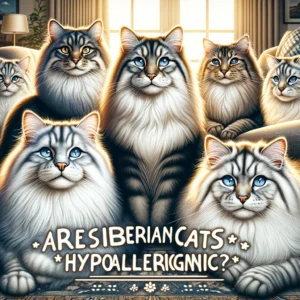 Siberian cats in various poses, highlighting their thick fur and majestic appearance, with the heading 'Are Siberian Cats Hypoallergenic?' in a cozy living room setting