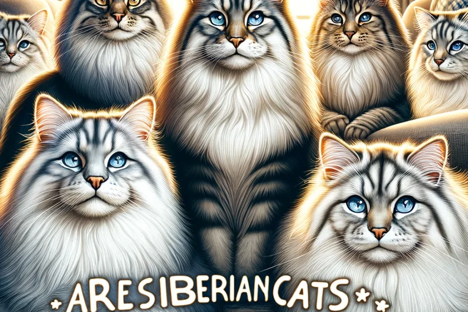 Siberian cats in various poses, highlighting their thick fur and majestic appearance, with the heading 'Are Siberian Cats Hypoallergenic?' in a cozy living room setting