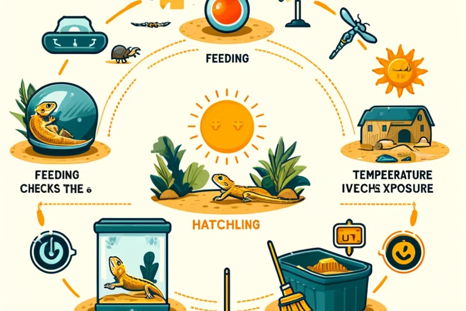 An infographic highlighting the key aspects of a bearded dragon hatchling care schedule, including feeding times, temperature checks, UVB light exposure, and weekly habitat cleaning, represented with visually appealing icons.