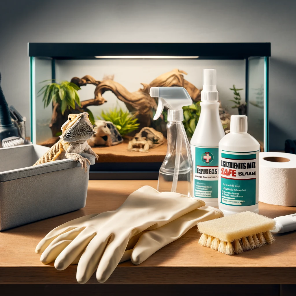 An organized setup for pre-cleaning a bearded dragon tank, featuring cleaning gloves, reptile-safe disinfectant cleaner, scrub brush, sponge, handheld vacuum, paper towels, and a separate container, all arranged neatly on a flat surface.