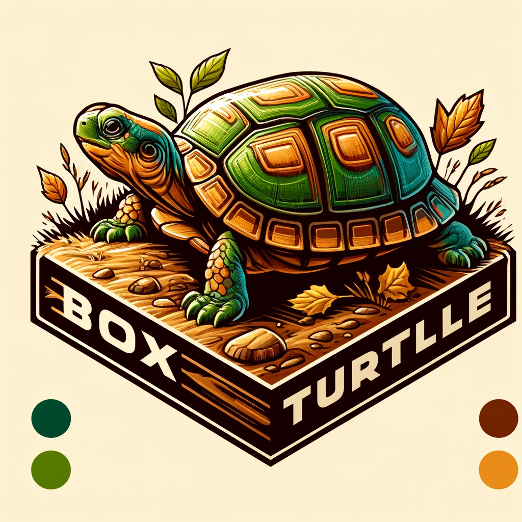 Vibrant Box Turtle in a natural terrestrial habitat with fallen leaves and grass, with 'Box Turtles' text in bold font, showcasing the species in its preferred land-based environment