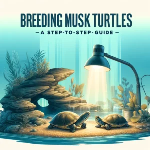 two musk turtles near a rocky basking area under a heat lamp in an aquatic habitat, with the text 'Breeding Musk Turtles: A Step-by-Step Guide' prominently displayed