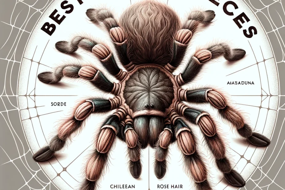 Chilean Rose Hair Tarantula, centered with "Best Spider Species for a Pet" styled text above, set against a gradient background to emphasize the spider's natural brown and rose hues, ideal for pet enthusiasts.