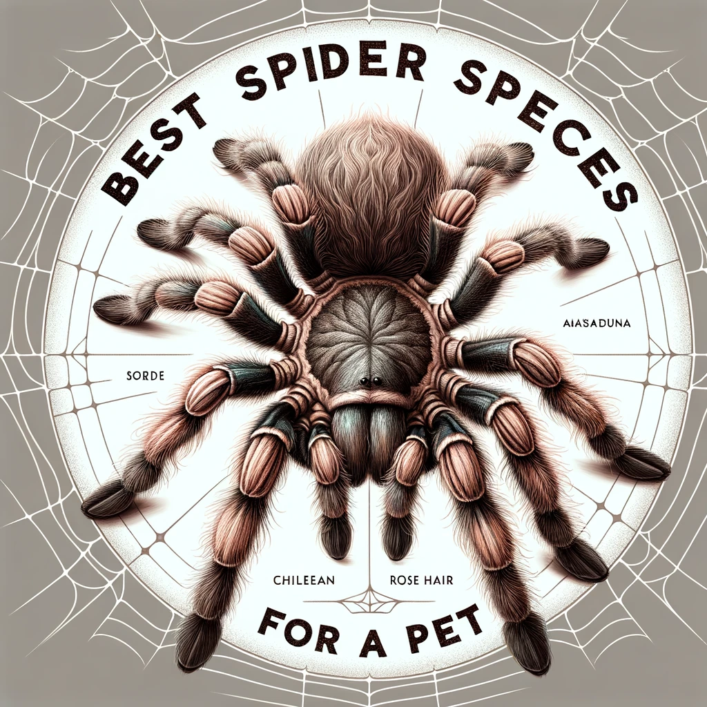 Chilean Rose Hair Tarantula, centered with "Best Spider Species for a Pet" styled text above, set against a gradient background to emphasize the spider's natural brown and rose hues, ideal for pet enthusiasts.