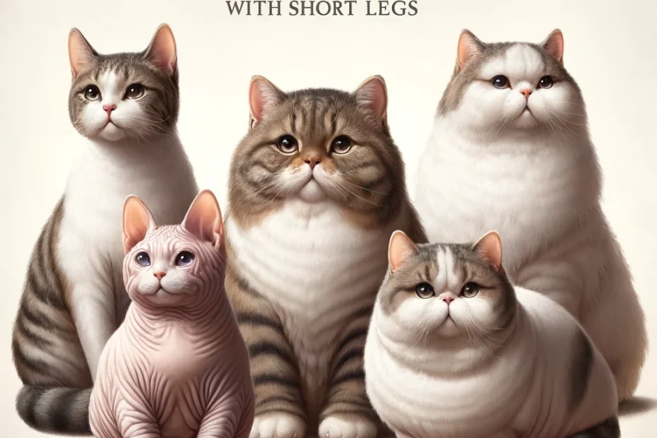 chubby cats with short legs including Munchkin, Bambino, Napoleon, Dwelf, and Kinkalow, sitting together on a neutral background with the title 'Chubby Cats with Short Legs' at the top