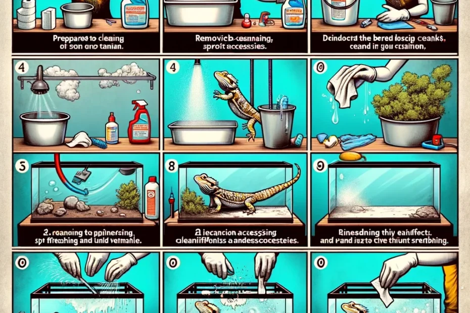 A comic strip-style illustration depicting the step-by-step process of cleaning a bearded dragon tank, including preparing cleaning supplies, relocating the bearded dragon, removing accessories, spot cleaning, disinfecting and scrubbing the tank, rinsing, drying, and replacing the substrate and decorations, returning the bearded dragon to its habitat, and concluding with hand washing. Each step is clearly labeled and showcases careful maintenance for a healthy bearded dragon environment.