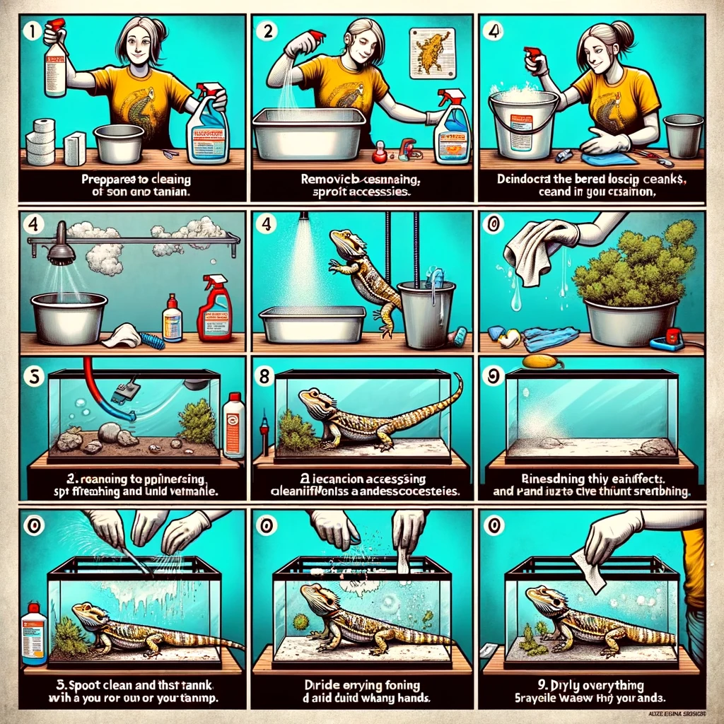 A comic strip-style illustration depicting the step-by-step process of cleaning a bearded dragon tank, including preparing cleaning supplies, relocating the bearded dragon, removing accessories, spot cleaning, disinfecting and scrubbing the tank, rinsing, drying, and replacing the substrate and decorations, returning the bearded dragon to its habitat, and concluding with hand washing. Each step is clearly labeled and showcases careful maintenance for a healthy bearded dragon environment.