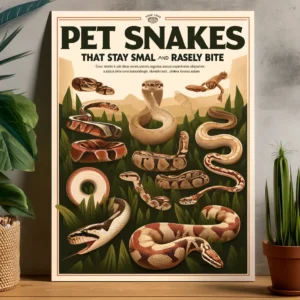 Educational poster featuring small, non-aggressive pet snakes like Corn Snakes, Ball Pythons, and Garter Snakes in a natural setting with the heading 'Pet Snakes That Stay Small and Rarely Bite'