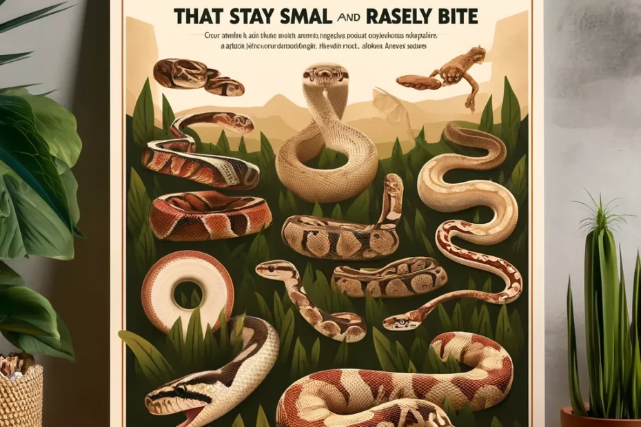 Educational poster featuring small, non-aggressive pet snakes like Corn Snakes, Ball Pythons, and Garter Snakes in a natural setting with the heading 'Pet Snakes That Stay Small and Rarely Bite'