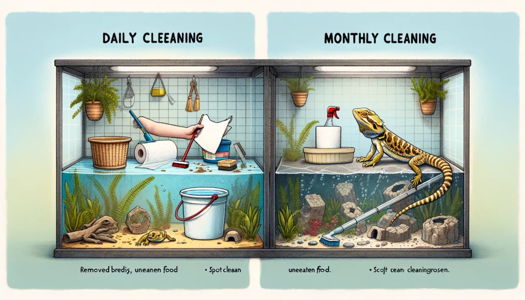 An illustration divided into two parts highlighting the differences between daily and monthly cleaning routines for a bearded dragon tank. The left side depicts daily cleaning activities, where a person uses paper towels and a handheld vacuum for spot cleaning, with the bearded dragon observing from within the tank. On the right side, the monthly deep-cleaning process is shown, featuring the tank emptied and the bearded dragon in a temporary container while the person scrubs the tank with a brush, with decorations soaking in a solution nearby. The illustration emphasizes the varying levels of effort and tools used in maintaining a clean habitat for the bearded dragon.