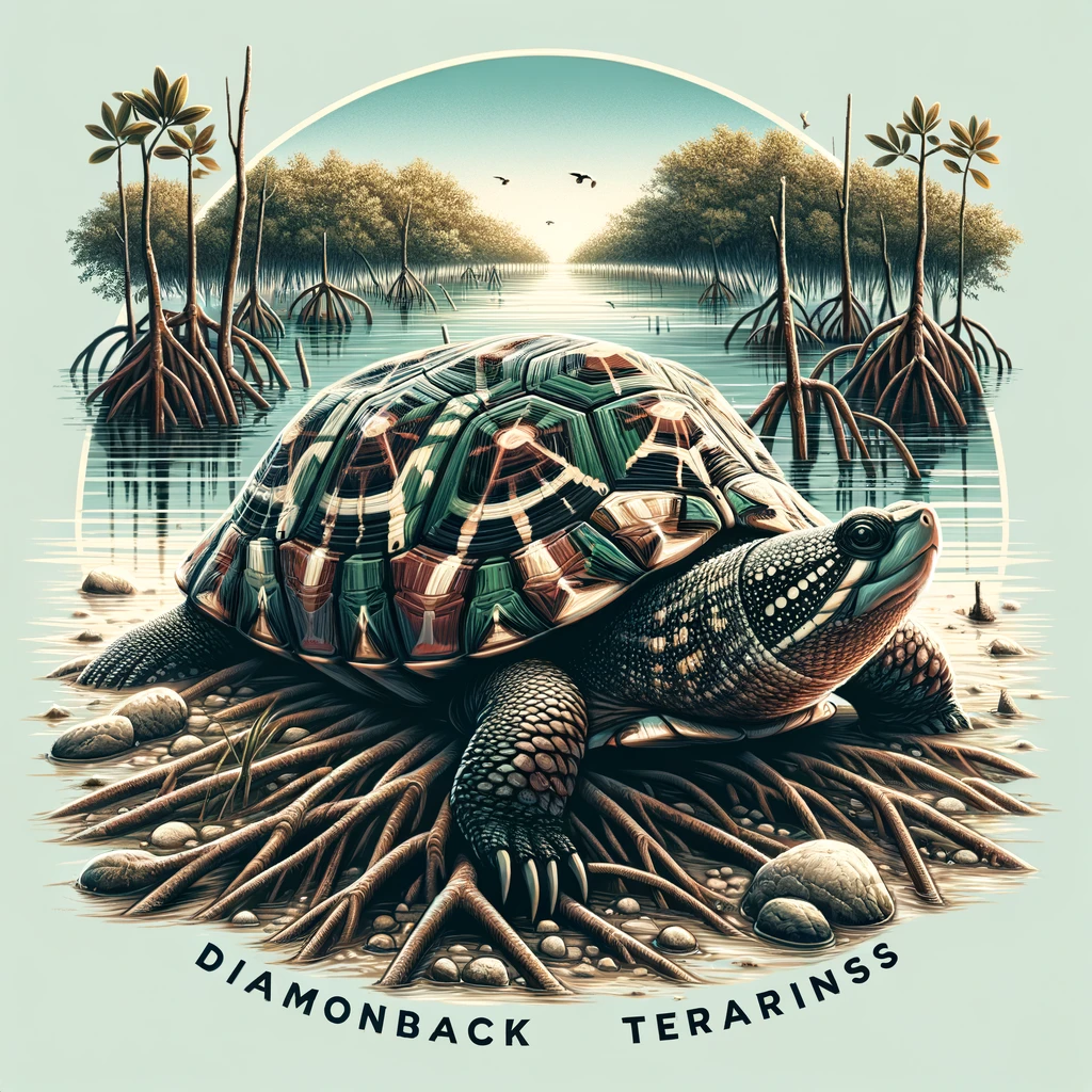 Diamondback Terrapin in a brackish water habitat with mangrove roots and reeds in the background, with 'Diamondback Terrapins' text displayed in bold font.