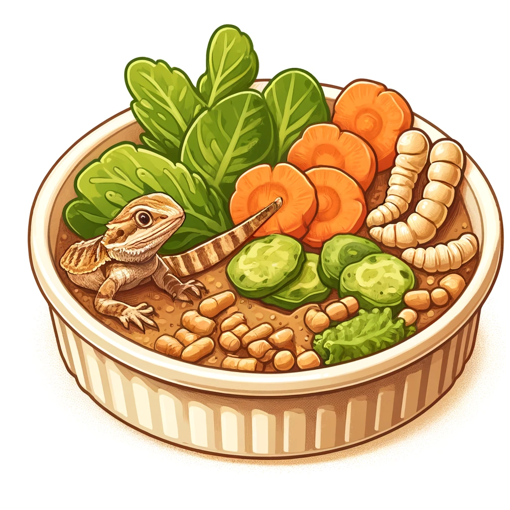 An illustration of the variety of foods for bearded dragon hatchlings, including small crickets, mealworms, and finely chopped vegetables, displayed in a small dish suitable for a hatchling.