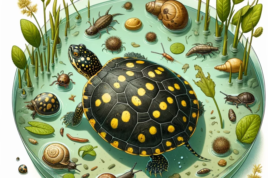 Spotted Turtle in its natural habitat, surrounded by food sources like aquatic insects, snails, algae, and duckweed, with the heading "Diet of Spotted Turtles (Clemmys guttata)" prominently displayed