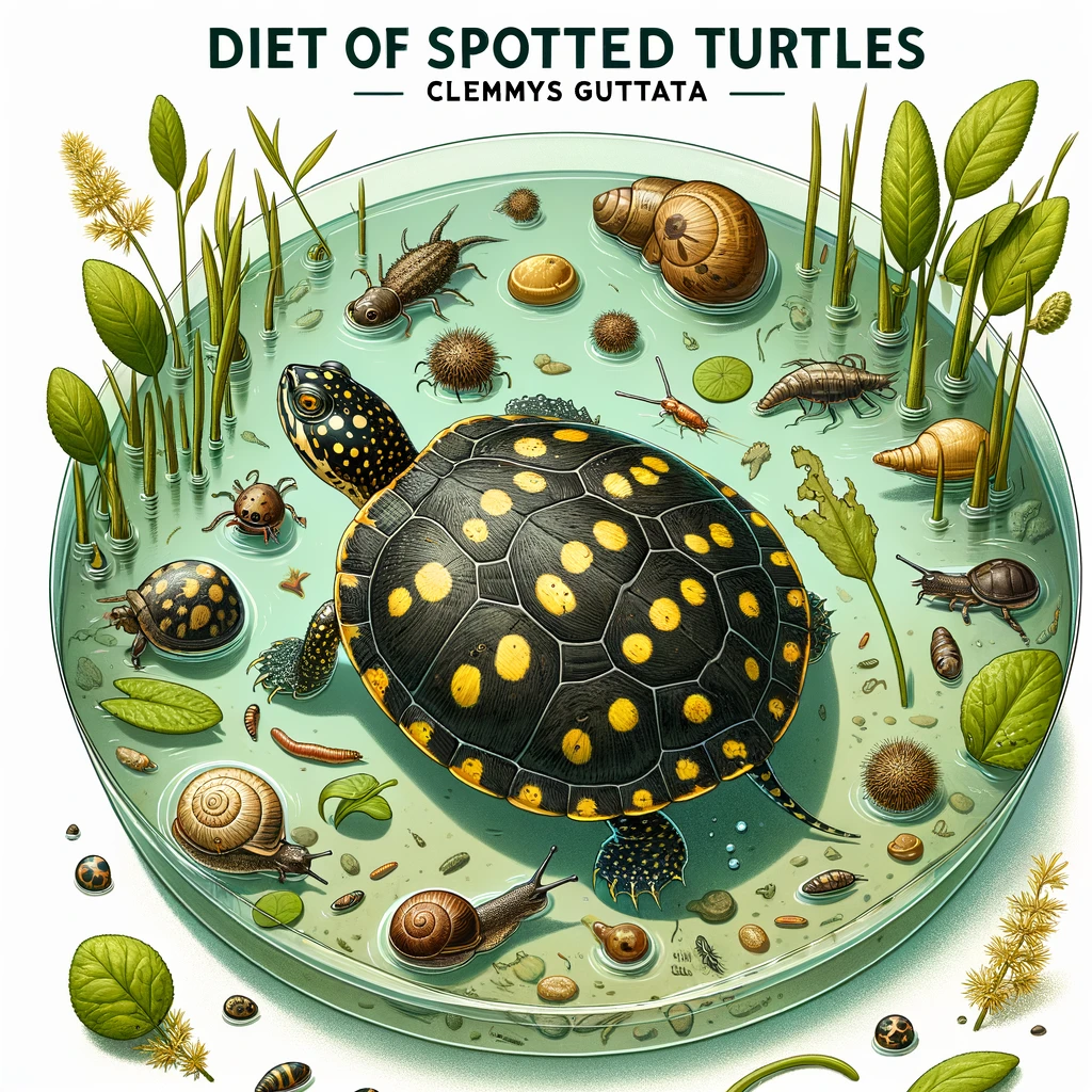 Spotted Turtle in its natural habitat, surrounded by food sources like aquatic insects, snails, algae, and duckweed, with the heading "Diet of Spotted Turtles (Clemmys guttata)" prominently displayed