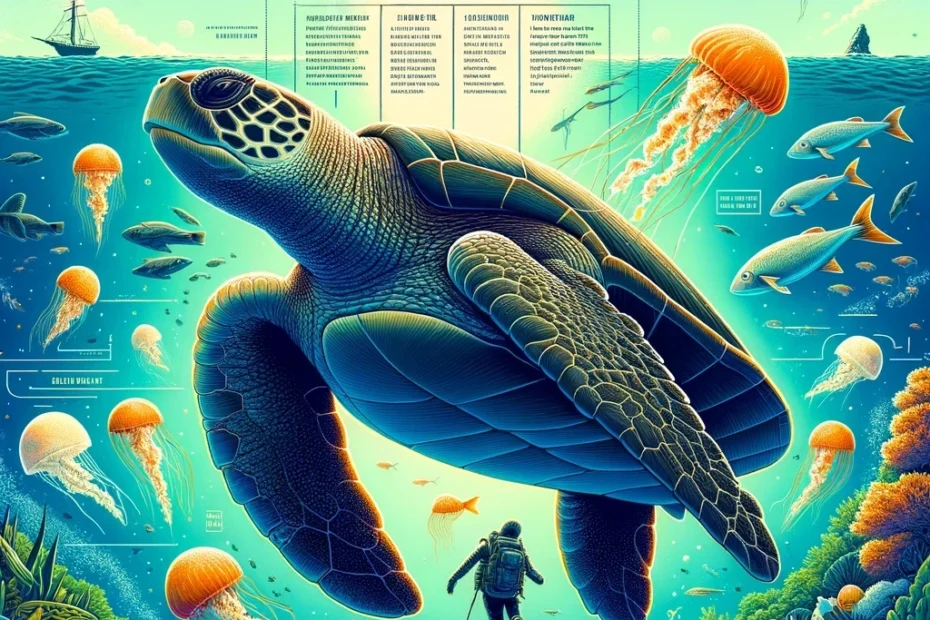 diet of the Leatherback Sea Turtle, featuring a detailed illustration of the turtle foraging among jellyfish in its natural underwater habitat, with the heading 'Diet of the Leatherback Sea Turtle' in bold text at the top.