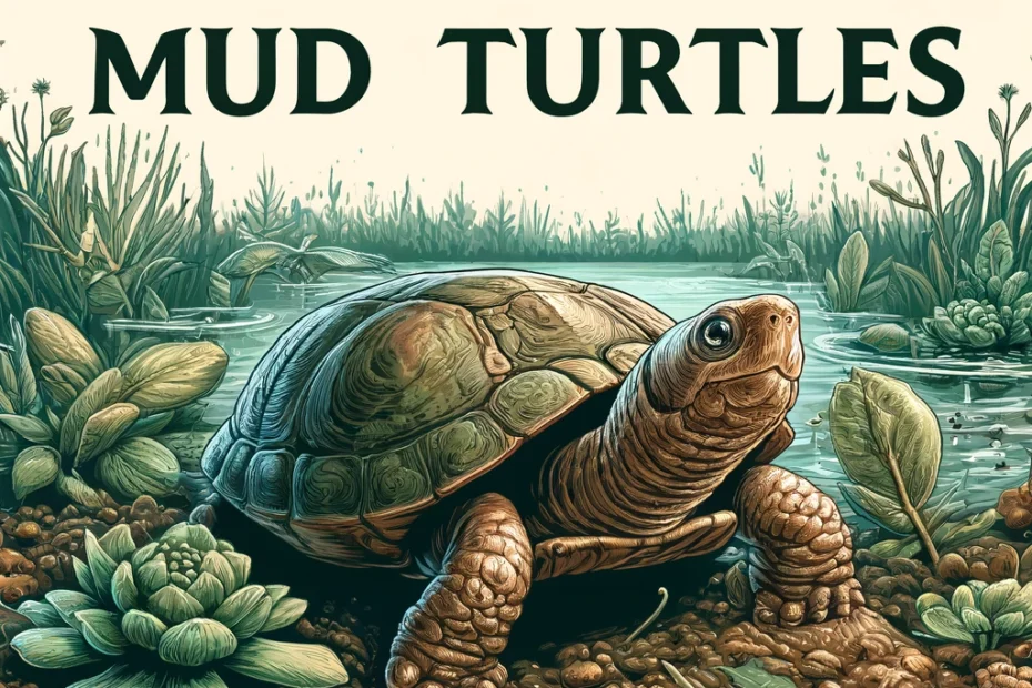 Mud Turtle in aquatic habitat with 'Dietary Guide for Mud Turtles' text, highlighting the natural setting and dietary focus