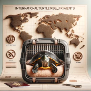 'International Turtle Travel Requirements' featuring a sleek, stylish turtle carrier with a Red-Eared Slider turtle peering out, elegant icons for a CITES permit, health certificate, passport, and a world map highlighting the USA, UK, and Australia.