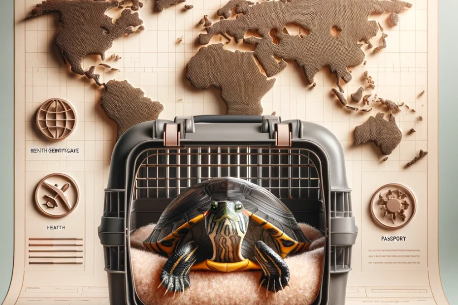 'International Turtle Travel Requirements' featuring a sleek, stylish turtle carrier with a Red-Eared Slider turtle peering out, elegant icons for a CITES permit, health certificate, passport, and a world map highlighting the USA, UK, and Australia.