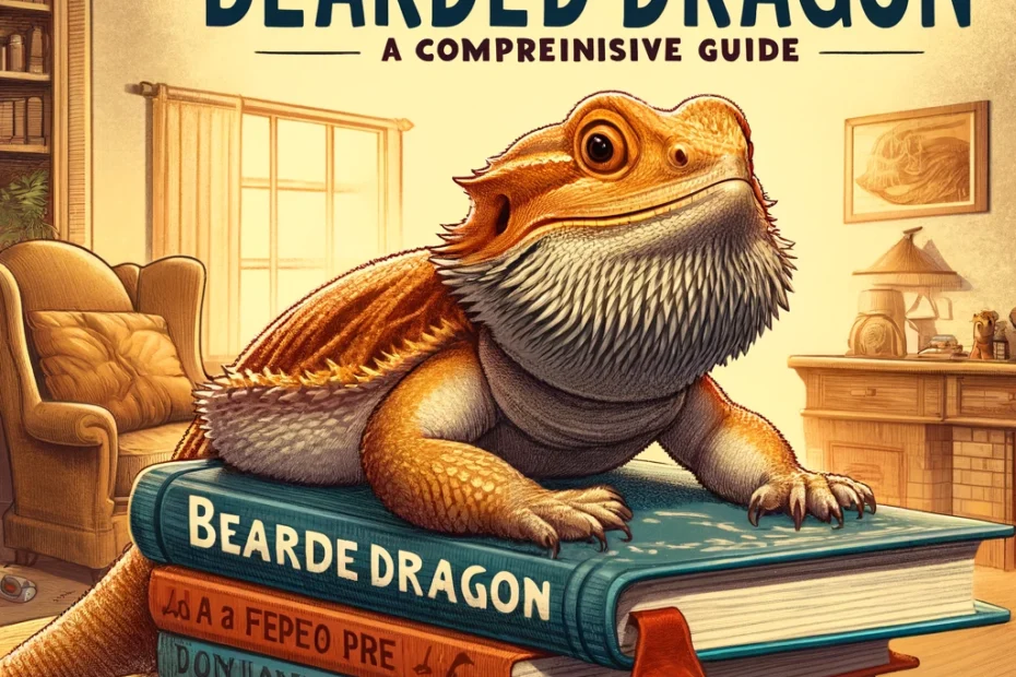A cover image for a guidebook showing a bearded dragon sitting on top of a stack of books about pet care, with an opened book featuring a page on bearded dragons, set in a cozy living room.