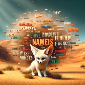 Artistic representation of a Fennec Fox amidst a variety of names floating in a playful, colorful desert oasis scene