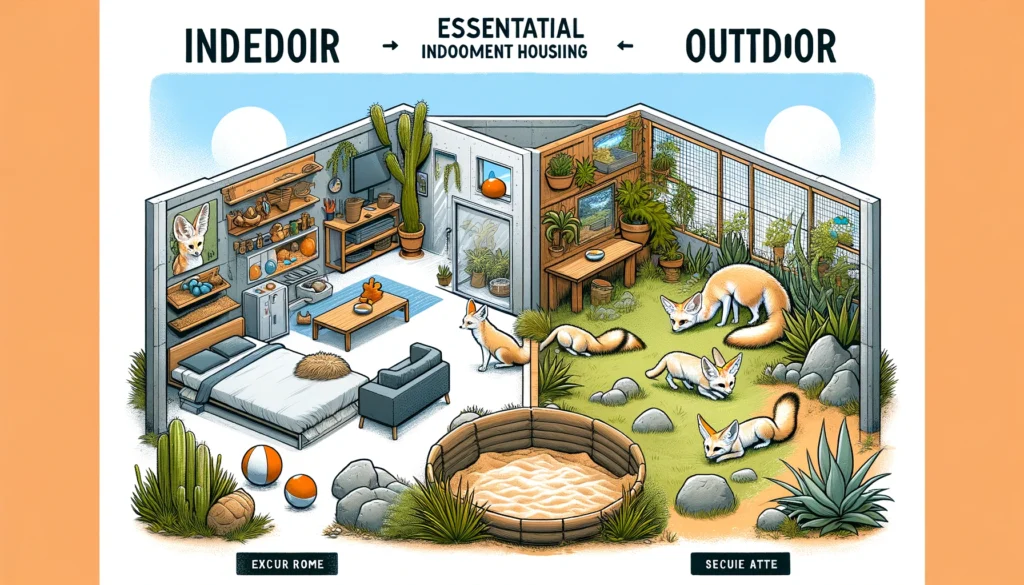 comparison of indoor vs. outdoor housing for Fennec Foxes, featuring a comfy indoor room with toys and an outdoor enclosure with natural elements.