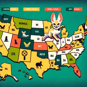 map of the USA showing Fennec fox ownership legality: green for legal states, yellow for states requiring permits, and red for illegal states.
