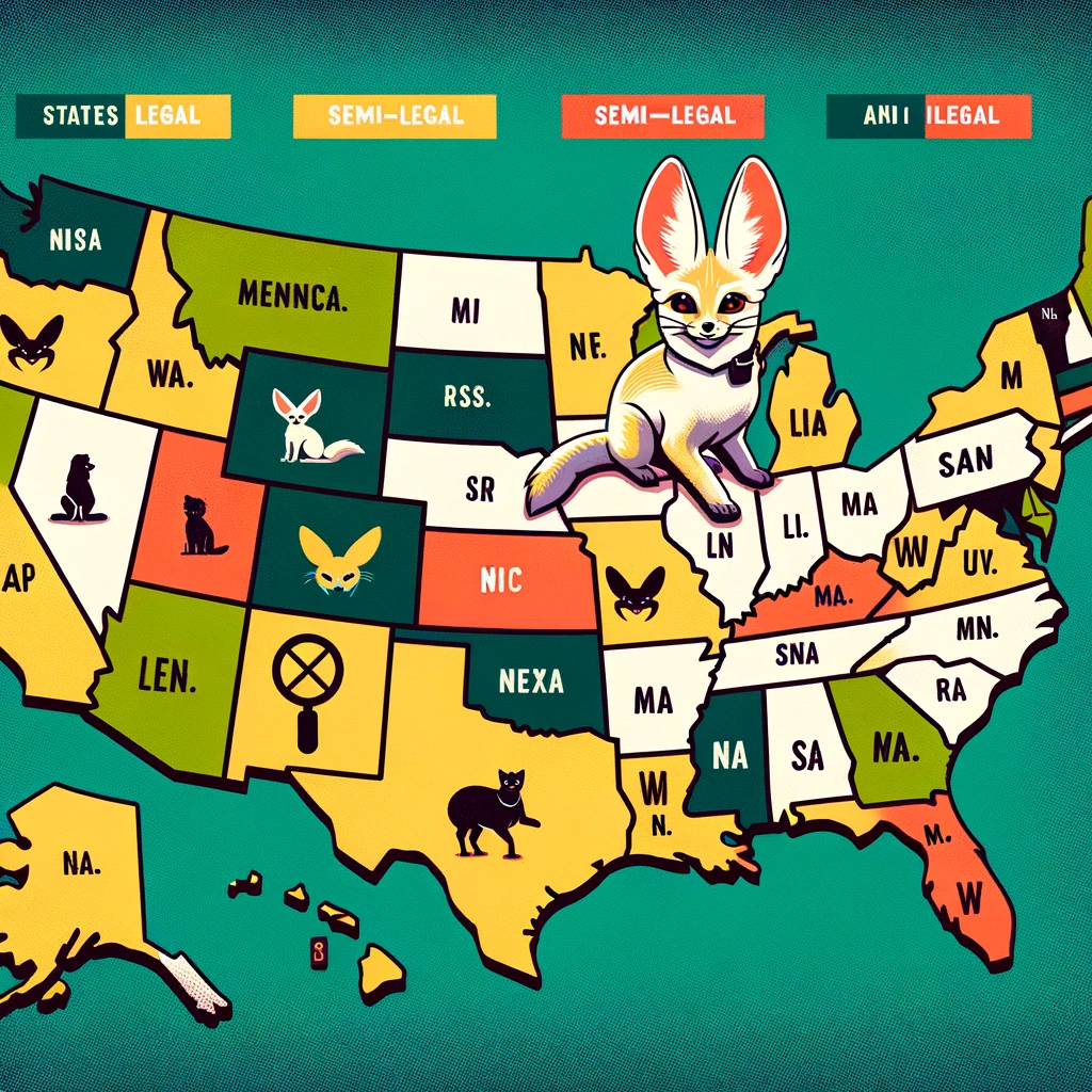 map of the USA showing Fennec fox ownership legality: green for legal states, yellow for states requiring permits, and red for illegal states.