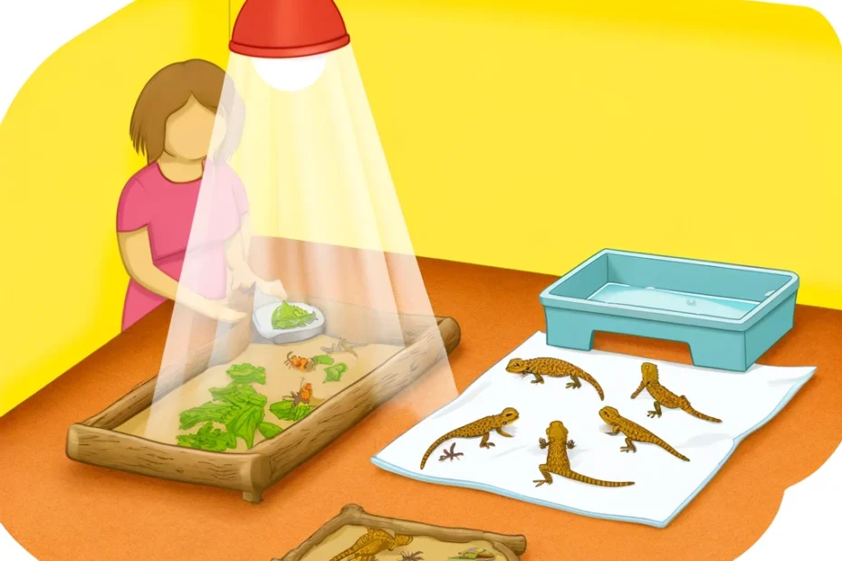 Illustrate an informative scene focused on the care of newborn bearded dragons. The image should depict a warm and well-structured habitat