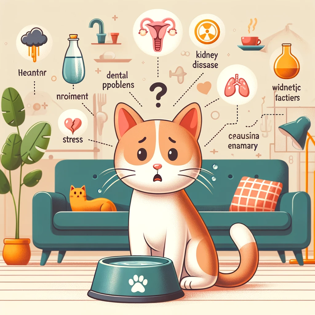 Illustrate the various potential causes why a cat might be eating but not drinking water, in an informative and easy-to-understand