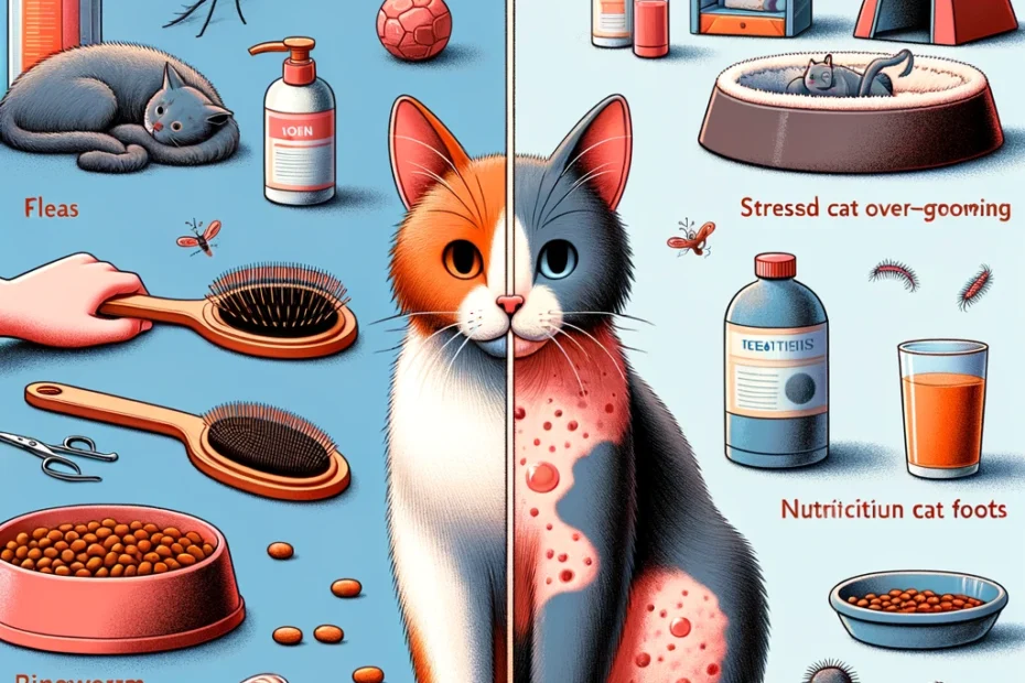 Illustrate two halves in one image_ on the left, visually depict common reasons for cat hair loss, such as fleas, a stressed cat over-grooming, and a .webp