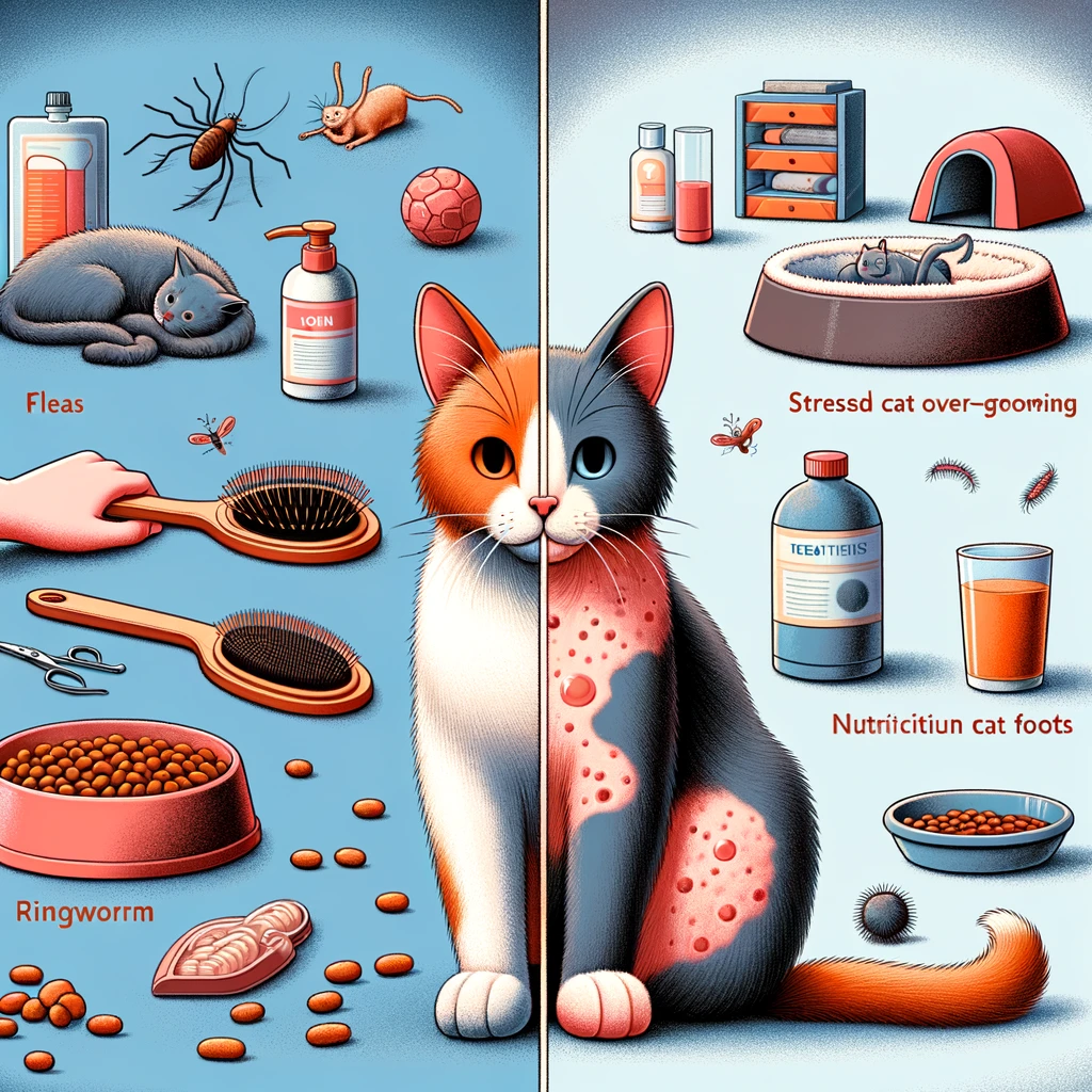 Illustrate two halves in one image_ on the left, visually depict common reasons for cat hair loss, such as fleas, a stressed cat over-grooming, and a .webp
