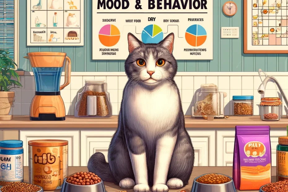 content cat in a kitchen setting surrounded by various types of cat food, supplements, and a puzzle feeder, highlighting the impact of diet on feline mood and behavior.
