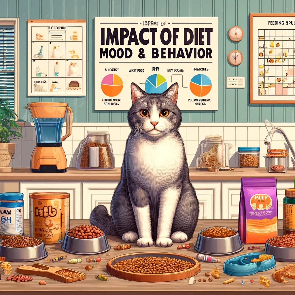 content cat in a kitchen setting surrounded by various types of cat food, supplements, and a puzzle feeder, highlighting the impact of diet on feline mood and behavior.