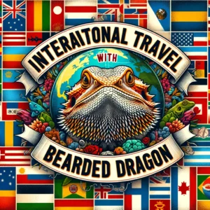 bearded dragon centered with the phrase 'International Travel with Bearded Dragon' stylishly inscribed across the middle, surrounded by a collage of various country flags in the background, symbolizing the global aspect of traveling internationally with pets