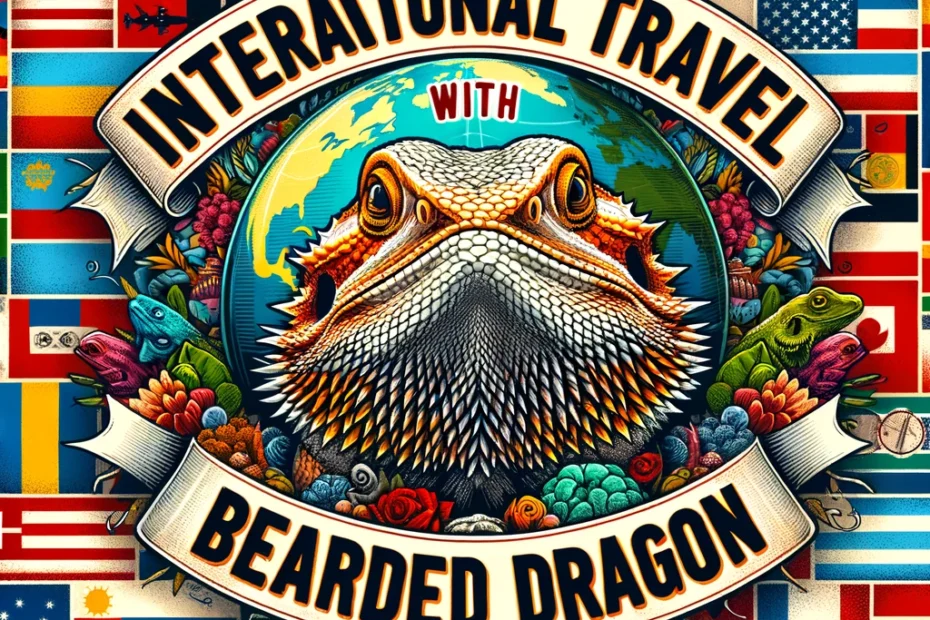 bearded dragon centered with the phrase 'International Travel with Bearded Dragon' stylishly inscribed across the middle, surrounded by a collage of various country flags in the background, symbolizing the global aspect of traveling internationally with pets